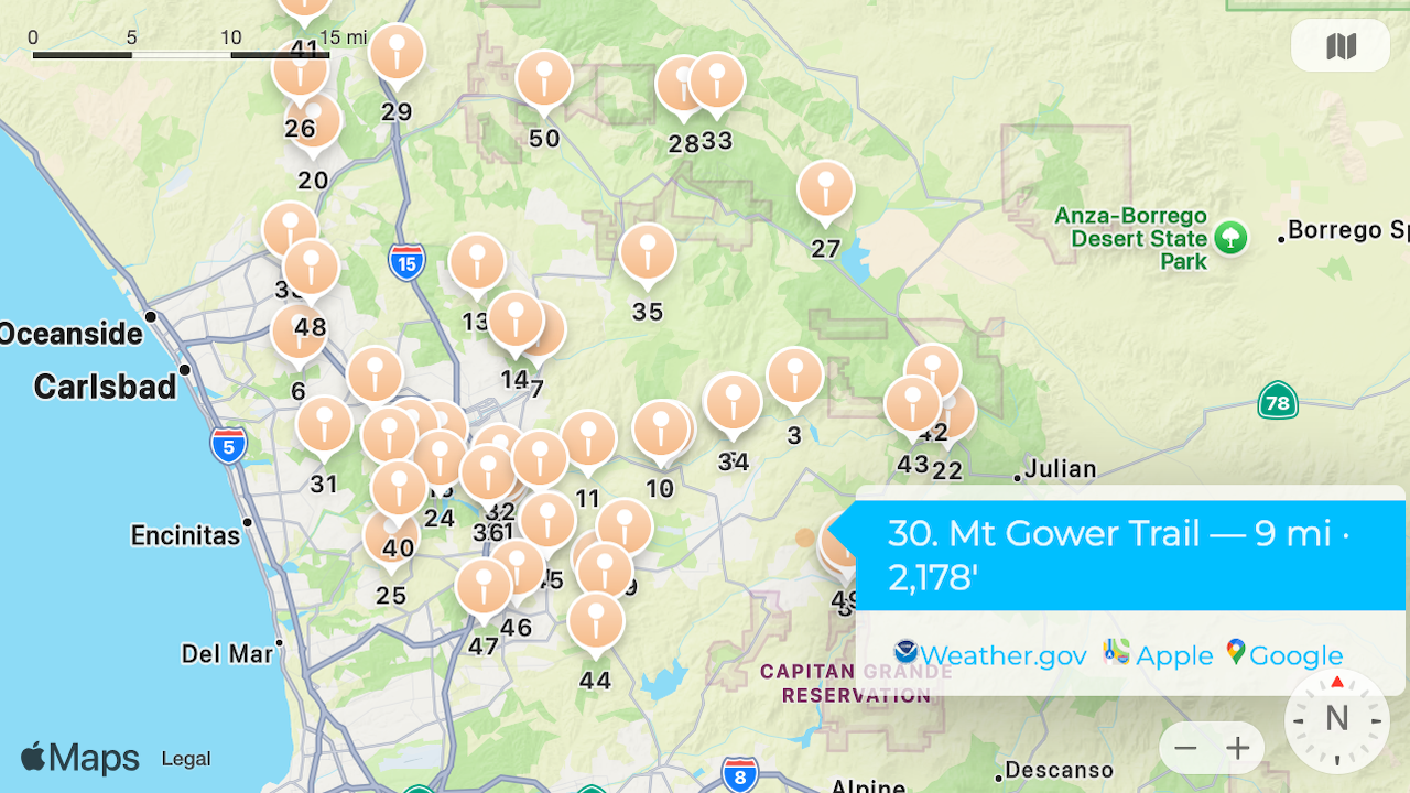 50 hikes in north San Diego county. Custom built for the Sierra Club San Diego, in celebration of their 50 year anniversary of the North County Group.
